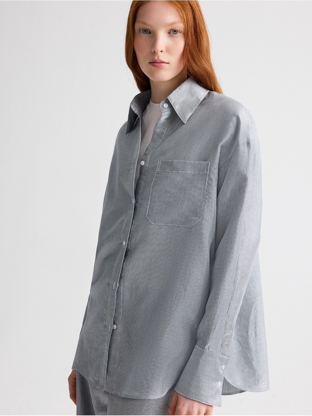 TWP Button-Up Shirt with pocket in Thin black white Stripe